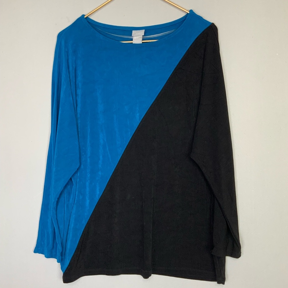 Chicos Travelers Sz 2 12/14 Blue Black Colorblock Slinky Knit Dolman Sleeve Top